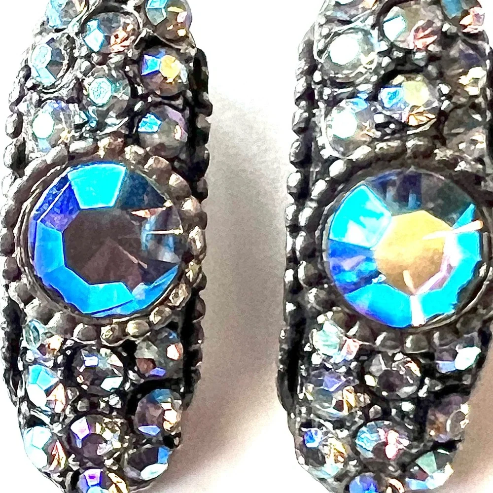 Dazzling Vintage Rhinestone Ear Clips Aurora Borealis Shimmer Statement Earrings